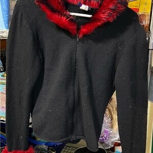 Morbid Threads Black Cardigan with Red Faux-Fur Trim